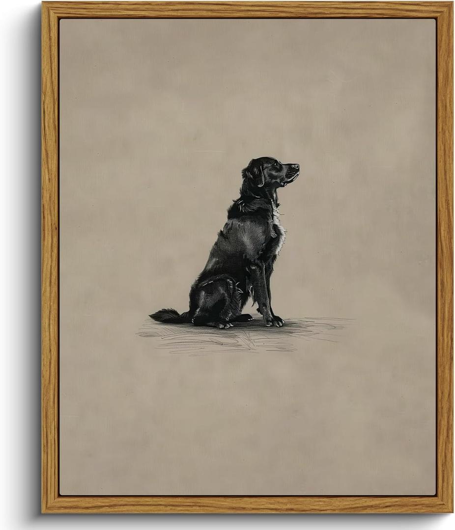 VIYYIEA Vintage Framed Black Dog Wall Art, Bedroom Living Room Minimalist Animal Art Decor, Antique Dog Canvas Print Paintings, Home Farmhouse Retro Still Life Decor, 8x10 Inch
