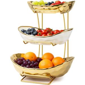 Fruit Bowl for Kitchen Counter with Metal Stand, 3 Tier Fruit Basket for Counter, White Gold Ceramic Fruit Bowl, Detachable Rack for Fruit Vegetable Snack Dessert Storage (Gold)