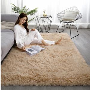Fluffy Shaggy Area Rugs for Bedroom, Soft Non-Slip Plush Carpet Feet Floor Mats Rectangular Cozy Rug for Nursery Room Living Room Khaki, 4.6 ft x 6.6 ft
