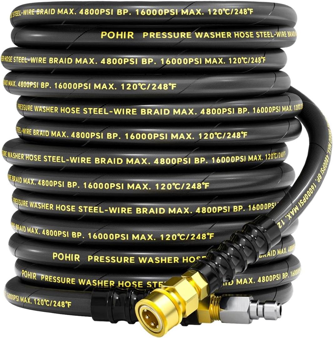 3/8" Pressure Washer Hose 50ft 4800PSI, Power Washer Hose Steel Wire Braided with Swivel Quick Connect, Commercial Grade Industrial High Pressure Water Washing Hose (4800PSI, 50FT)