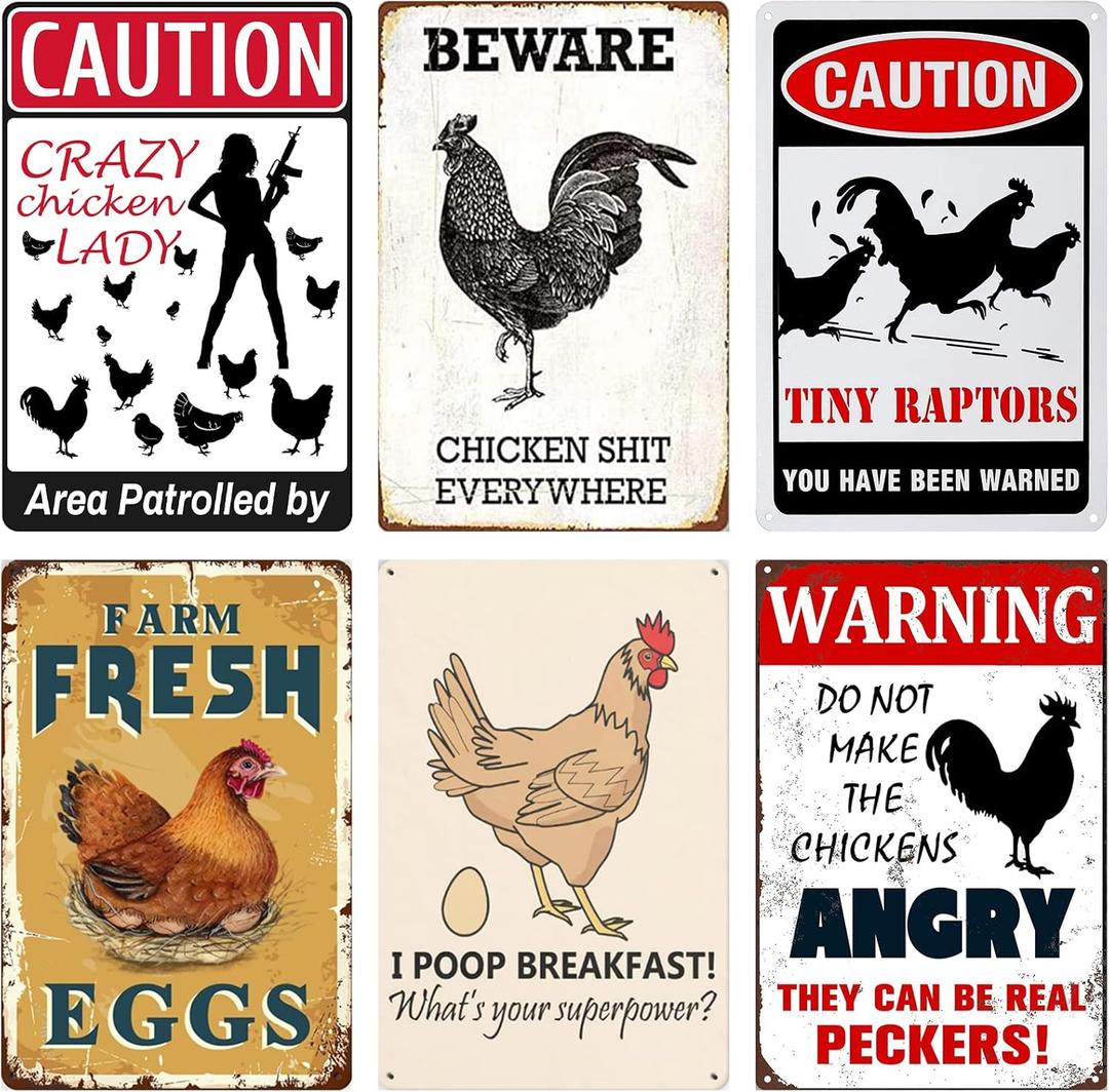 6 Piece Metal Signs Chicken Signs for Funny Coop Decor Signs for Outdoor Decor Farm Plaque Yard Chicken Coop Gift for Chicken Lovers Chickens Plaque 8x12 Inch