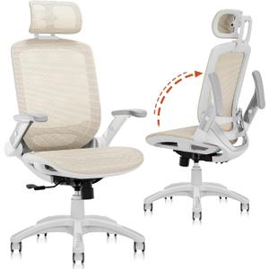 GABRYLLY Ergonomic Office Chair, High Back Home Desk Chair with Headrest, Flip-Up Arms, 90-120 Tilt Lock and Wide Cushion, 300LBS Mesh Chairs for Man Woman, White Task Chair(Beige,GY01WBG)