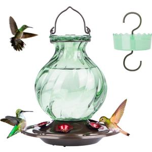 Auslar 26 Ounces Hummingbird Feeder, Hummingbird Feeders for Outdoors Hanging, Ant Moat and 5 Flower Feeding Ports, Fade Proof, Rustproof, Leakproof, Netted Flower Bud Shape Bottle, Green