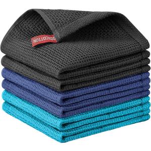 Nialnant 6 Pack Kitchen Towels, 100% Cotton Dish Cloth for Washing Dishes, Absorbent Quick Drying Dish Rags, Multipurpose Cleaning Rags-12x12 Inches (Black+navy Blue+blue)