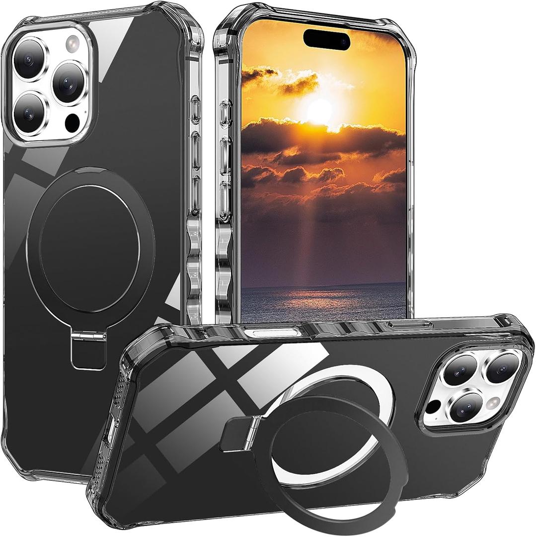 STERKER Compatible with iPhone 16 Pro case with Stand Magnetic Ring Holder [Compatible with MagSafe][Military-Grade Drop Protection] Slim Back Cover with Good Grip Curly Wave Edge, Black