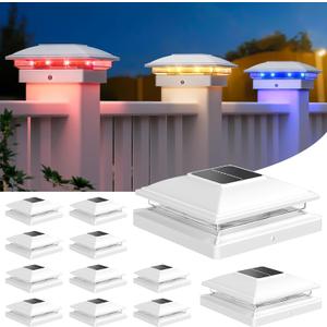 APONUO 12 Pack Solar Post Cap Lights Color Changing - RGB 8 Solid & Gradient Colors, IP65 Waterproof, for 4x4 5x5 6x6 Wood Vinyl Fences, Deck, Patio, Yard (White)