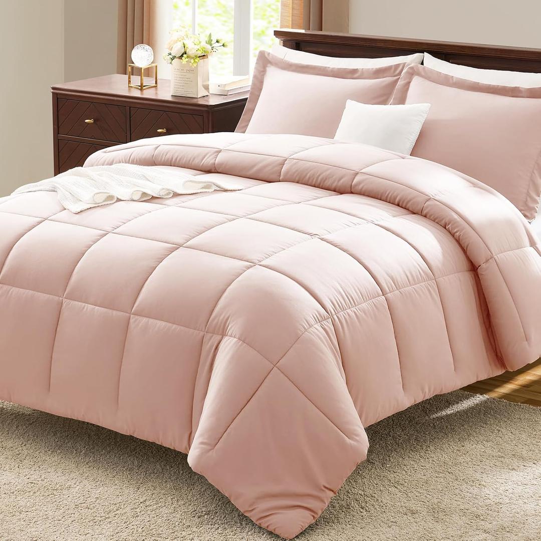 CozyLux Queen Size Comforter Set - Blush Pink Comforter Queen Size, 3 Pieces Box Stitched Bed Set for All Seasons, Soft Lightweight Bedding Sets with 1 Down Alternative Comforter and 2 Pillow Shams