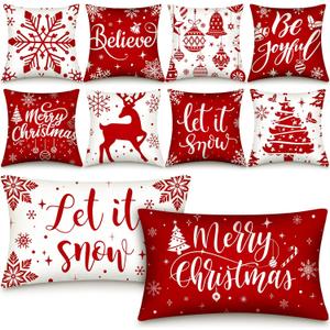 Newwiee 10 Piece Throw Pillows Covers Decorations Snowman Wreath Santa Claus Tree Red Buffalo Plaid Merry Christmas Pillow Covers for Couch Sofa(Snowflakes)