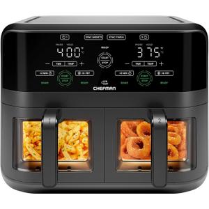 CHEFMAN 6 Quart Dual Basket Air Fryer Oven with Easy View Windows, Sync Finish, Hi-Fry, Auto Shutoff, 2 Independent 3Qt Nonstick Dishwasher Safe Frying Baskets, Digital Double Air Fryer - Black
