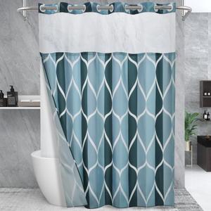 No Hook Aegean Blue Long Shower Curtain with Snap in Fabric Liner Set - Hotel Style with See Through Mesh Top Window, Modern Geometric Waterdrop Design,Waterproof and Washable, 71x86 INCH