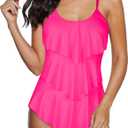 Century Star Womens Retro Flounce Athletic One Piece Swimsuits Ruffled Tiered Tummy Control Swimwear Plus Bathing Suits Hot Pink 14-16