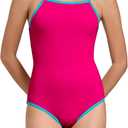 Beautikini Period Swimwear One Piece Leakproof Swimsuit Racerback Training Menstrual Bathing Suit for Teen Girls Women (Small, Raspberry Sorbet/Fog Blue)