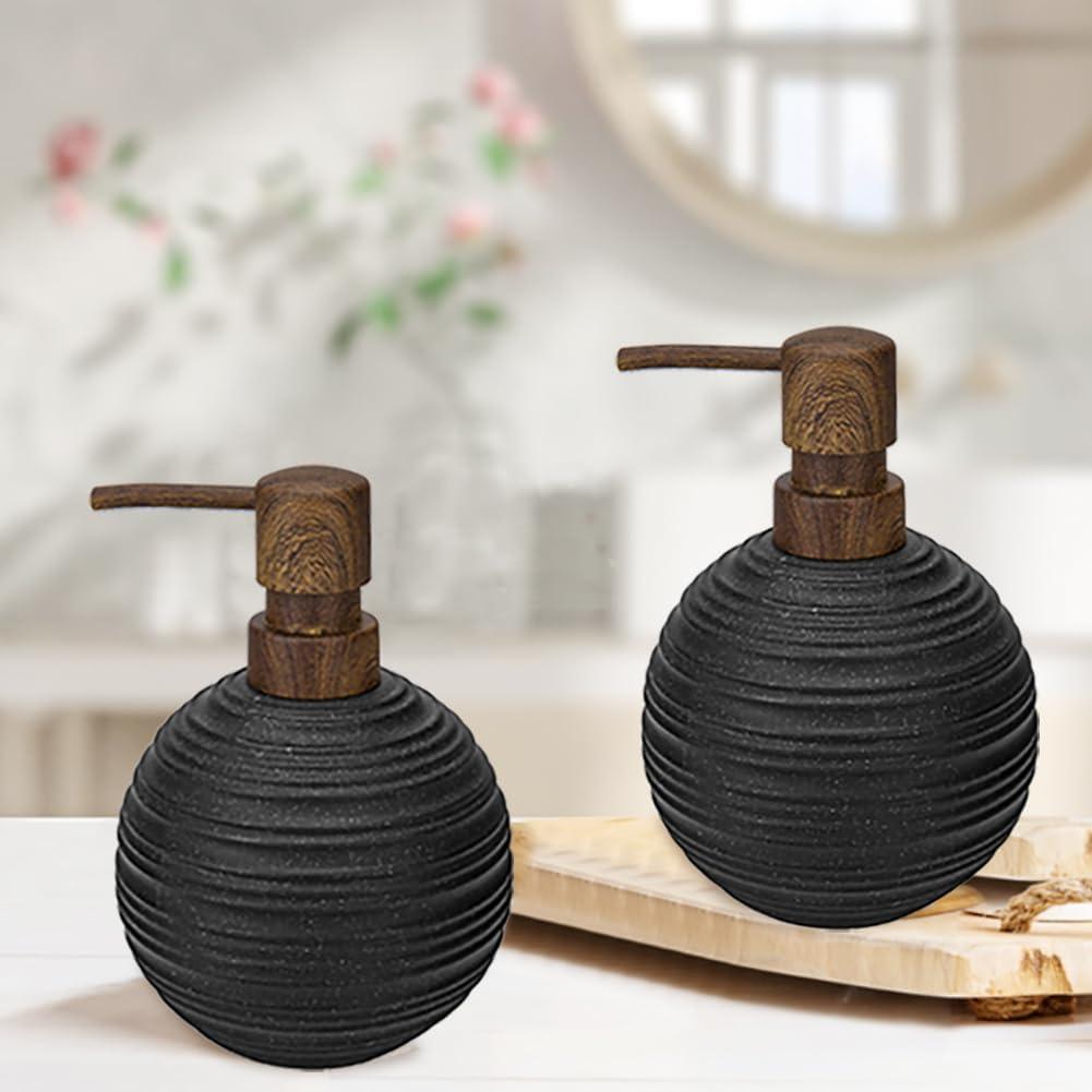 2pcs Hand Soap Dispenser Set, Sandstone Textured Resin Liquid Soap Dispenser for Bathroom Countertop, Heavy & Sturdy Dish Wash Soap Dispensers for Kitchen, Matte Black