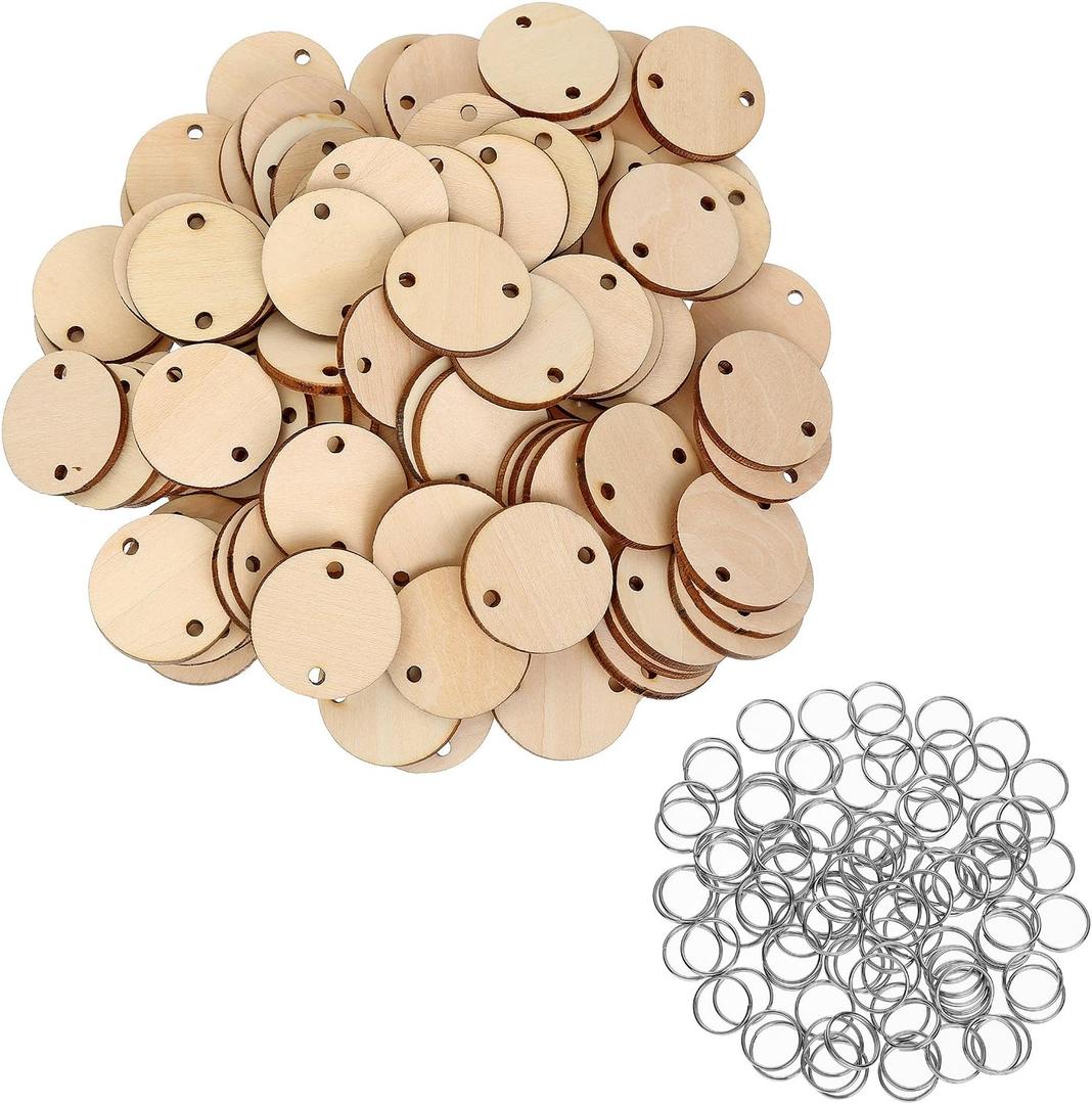 Bememo 1.2 Inches/ 3 cm Round Wooden Discs with Holes, 100 Pieces Birthday Board Tags and 100 Pieces 15 mm Rings for Arts and Crafts