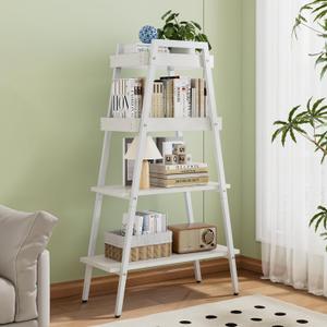 VECELO Ladder Shelf, 4 Tier Wooden Bookshelf with Metal Frame, Freestanding Bookcase Display Shelves and Plant Stand for Living Room/Farmhouse/Bedroom/Home Office-White, 30.5" W x 13.4" D x 54.5" H