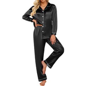 Ekouaer Silk Satin Pajamas Women's Long Sleeve Pj Set Soft Button Down 2 Piece Sleepwear Loungewear S-XXL (Black)