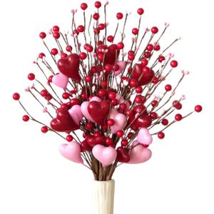 6 Pcs Valentine's Day Picks 17 Inch Artificial Red Heart Berry Stems - Valentine's Day Stems for Home Table Centerpiece Vase Wedding Anniversary Party Decor
