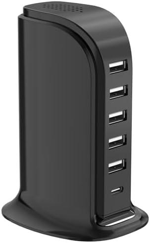 USB Charger Block with Type C, 6-Port Chargers for Multiple Devices, USB Charging Hub with Smart IC, Charger Station Total 60W for Phone/Tablet/Gaming, Wall Charger Adapter Compact&Portable