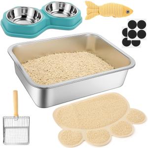 5 Pcs Cat Supplies Includes Stainless Steel Litter Box Small with Litter Scoop, Bowls for Food and Water, Catnip Fish, Mat, for Kittens Cat Lovers
