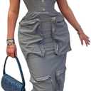 Molisry Women's 2025 Cargo Tank Dresses Sleeveless Boat Neck Zip Up Back Bodycon Midi Dress with Pockets Streetwear Grey (Gray), Small