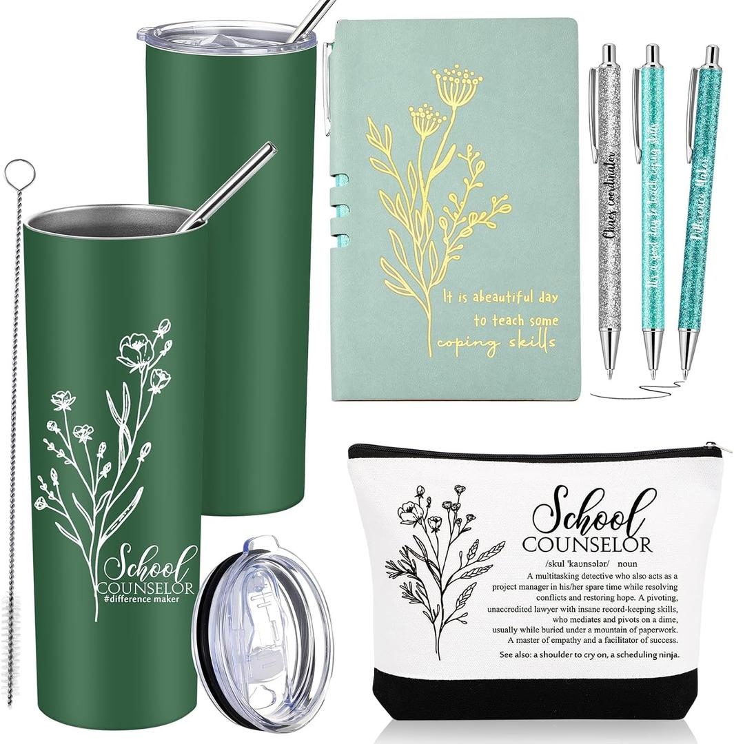 Funnymoom 6 Pcs School Counselor Appreciation Gift Set for Women Thank You Gifts 20 oz Boho Flower Tumbler Makeup Bag Journal Ballpoint High School Teacher Educator Work(Green, Counselor)