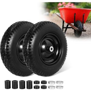 16" Flat Free Wheelbarrow Tires, 4.80/4.00-8" Flat-Free Solid Tire with 5/8" Axle Bore Hole for Wheelbarrow Lawn Mover Trolley Dolly Go Kart Replacement (2 Pack)