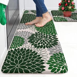 Anti Fatigue Kitchen Mat 2PCS,Boho Floral Christmas Kitchen Rugs Non Slip Rubber Backing,Waterproof Farmhouse Kitchen Mat for Floor,Cushioned Standing Mat Christmas Decor for Laundry,Sink,Desk,Green (17.3" x 47 "+ 17.3" x 29 "--0.47 inches)