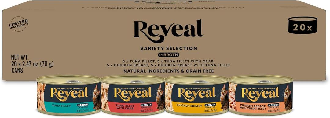 Reveal Natural Wet Canned Cat Food, 4-Flavor Variety Pack, Limited Ingredient, Grain Free, High Protein with No Artificial Additives, Fish and Chicken Variety in Broth (20 x 2.47 oz Cans) (EXP 11/05/28)