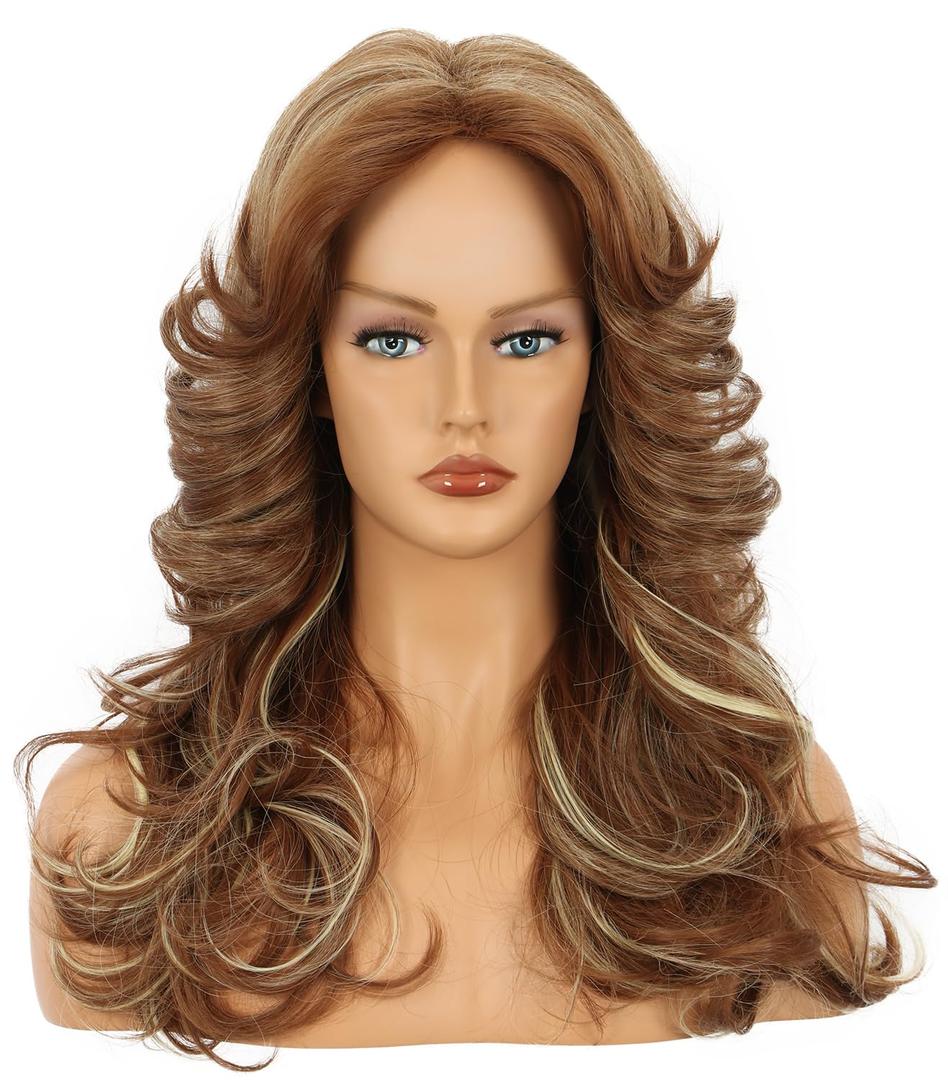 yuehong Women Long Dark Brown Blonde Curly Wig 70s80s Disco Costume hair Vintage Feathered Singer Cosplay Costume Wig