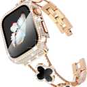 Surace Compatible with Apple Watch Band 44mm for Women, Jewelry Diamond Rhinestone Stainless Steel Metal Wristband Strap with Bling PC Protective Case for iWatch Series 6/5/4 SE 44mm, Rose Gold/Black