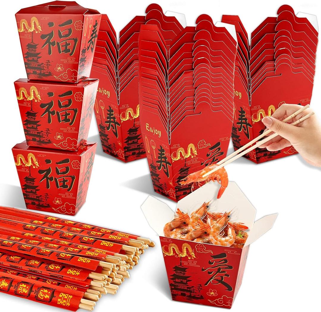 gisgfim 25 Sets Hibachi Party Supplies 16 oz Chinese Take Out Boxes with Chopsticks Disposable Paper Chinese Food Boxes Takeout Containers for Asian Hibachi Japanese New Year Party Decorations (Red)