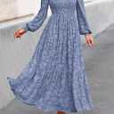 KIRUNDO Wedding Guest Dresses for Women 2026 Spring Summer Long Sleeve Smocked Floral Flowy Baby Shower Maxi Dress Pockets (Blue, M)