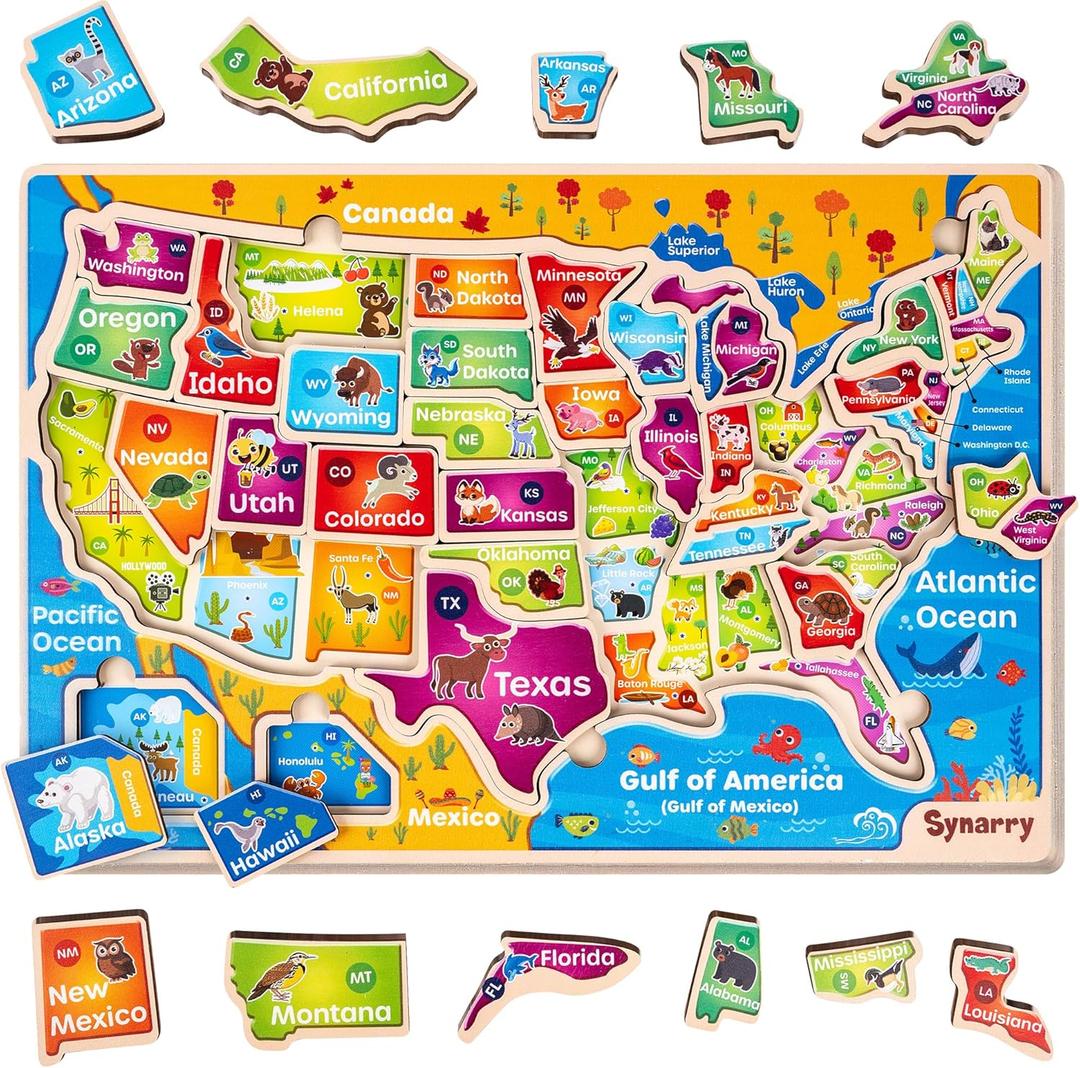 SYNARRY Large USA Wooden Puzzles for Kids Ages 3-5, Learning United States Map Puzles for Kids Ages 4-6, Wood Jigsaw Puzzles Educational Games Toys Gifts for Boys Girls Ages 3-8