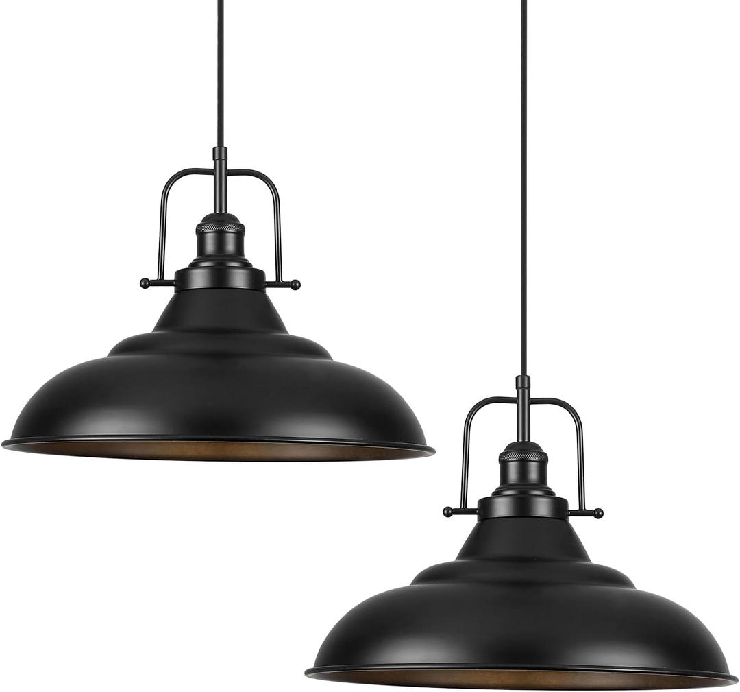 Black Pendant Light Kitchen Island,16 Inch Large Industrial Pendant Lights, Matte Black Pendant Lights, Vintage Farmhouse Pendant Light for Kitchen Island, Dining Room, Hallway (2 Pack), 16"x2