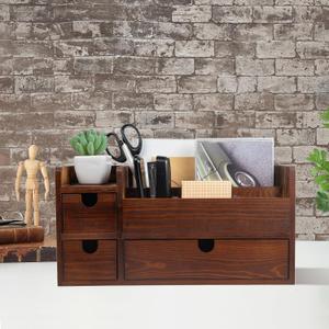 Rustic Brown Wooden Desktop Organizer Drawers Removable Office Supplies Torched Wood Storage Cabinet Caddy Box Stationery Pencil Slots Mail Holder Notes Accessories Home Makeup Tools Cosmetics