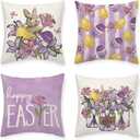 Happy Easter Purple Lily Pillow Covers Watercolor Eggs Bunny 18 x 18 Inch Throw Pillows, Spring Anniversary Celebration Seasonal Decorative Farmhouse Cushion Case for Sofa Couch Set of 4