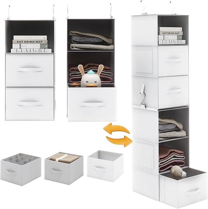 Twira 6-Shelf Hanging Closet Organizer, 2 Separable 3-Shelf Hanging Shelves, Hanging Storage with 3 Removable Drawers, 4 Side Pockets, Storage Organizer for Closet, Nursery (White)