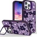 for iPhone 16 Pro Flower Case with Kickstand, Compatible with MagSafe, Built-in Camera Ring Stand, Strong Magnetic Translucent Matte Frosted Slim Cover for Girls Women Teens, Purple Floral