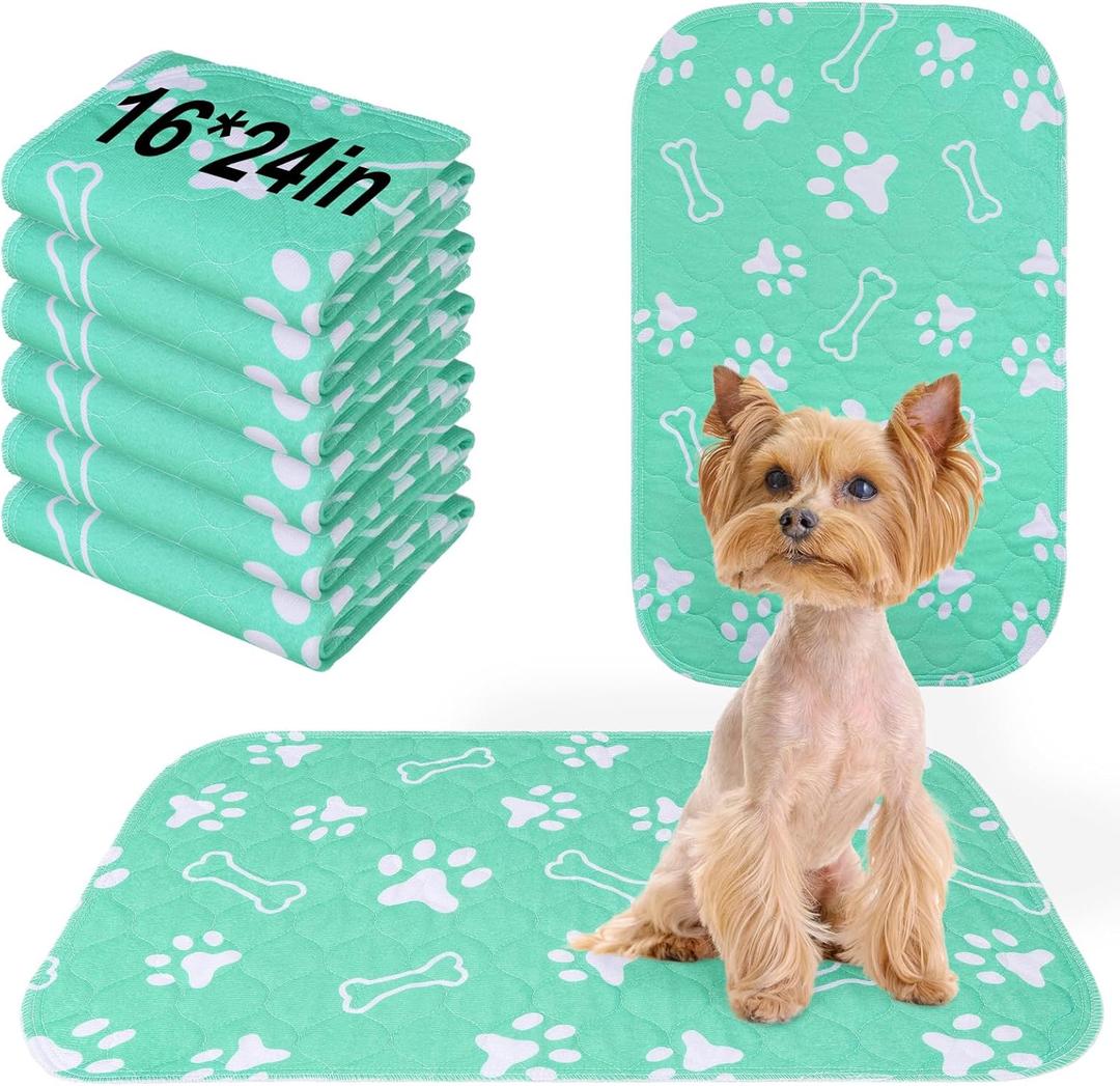 BEAUTYZOO 6 Pack Washable Pee Pads for Dogs, Reusable Puppy Pads for Potty Training, Waterproof Super Absorbent Whelping Pads Mats Non Slip Against Urine for Small Medium Dogs Cats, 16" x 24" (Aqua Blue)