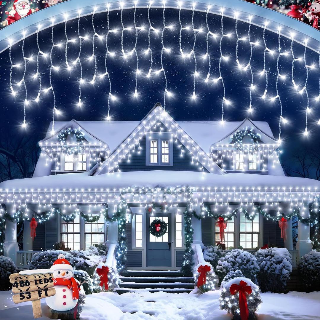 Christmas Lights Outdoor, 53 FT 486 LED Christmas Light for Outside, Timer & Memory, Plug in 8 Modes Hanging Fairy Light with 108 Drops for House Eaves Yard Patio Holidays Decorations, Cool White