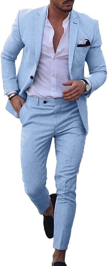 Dbutiy Men's Linen Suits 2-Piece Set - Summer Beach Wedding Groom Suit for Men Prom Tuxedo Jacket & Pants US Size L Sky Blue