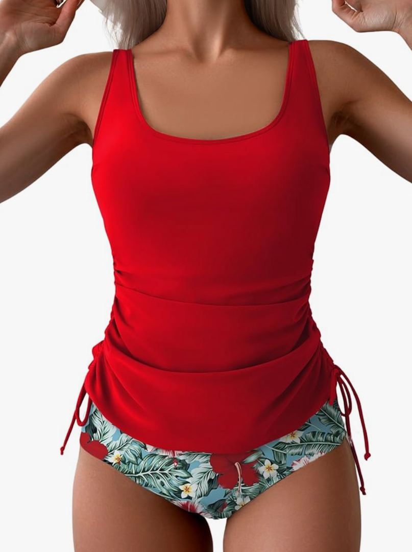 B2prity Tummy Control Tankini Swimsuit for Women Ruched Two Piece Bathing Suit Drawstring Swimwear with Bottom, 2XL, Red
