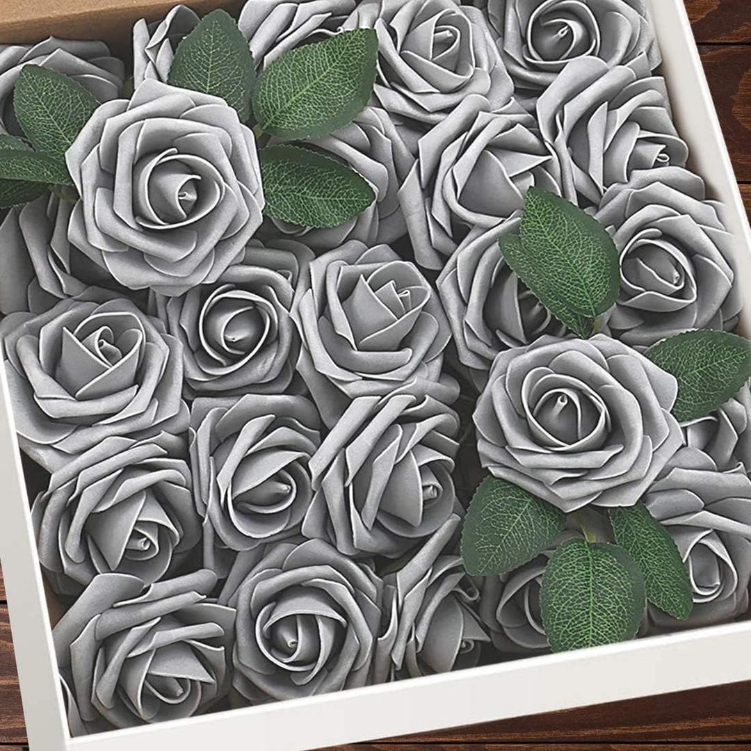 Artificial Flowers 25pcs Real Looking Fake Roses with Stems for DIY Wedding Bouquets Baby Shower Centerpieces Floral Arrangements Party Tables Home Decorations (Grey)