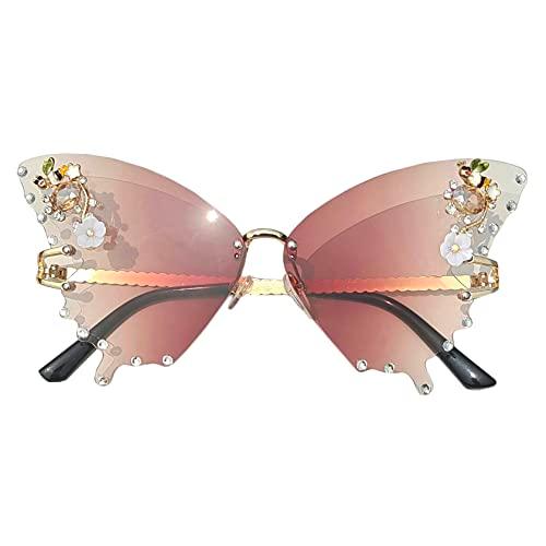 Willochra Women Butterfly Cat Eye Sunglasses - Fashion Shiny Bling Diamond Polygonal Pink Rhinestone (Brown)