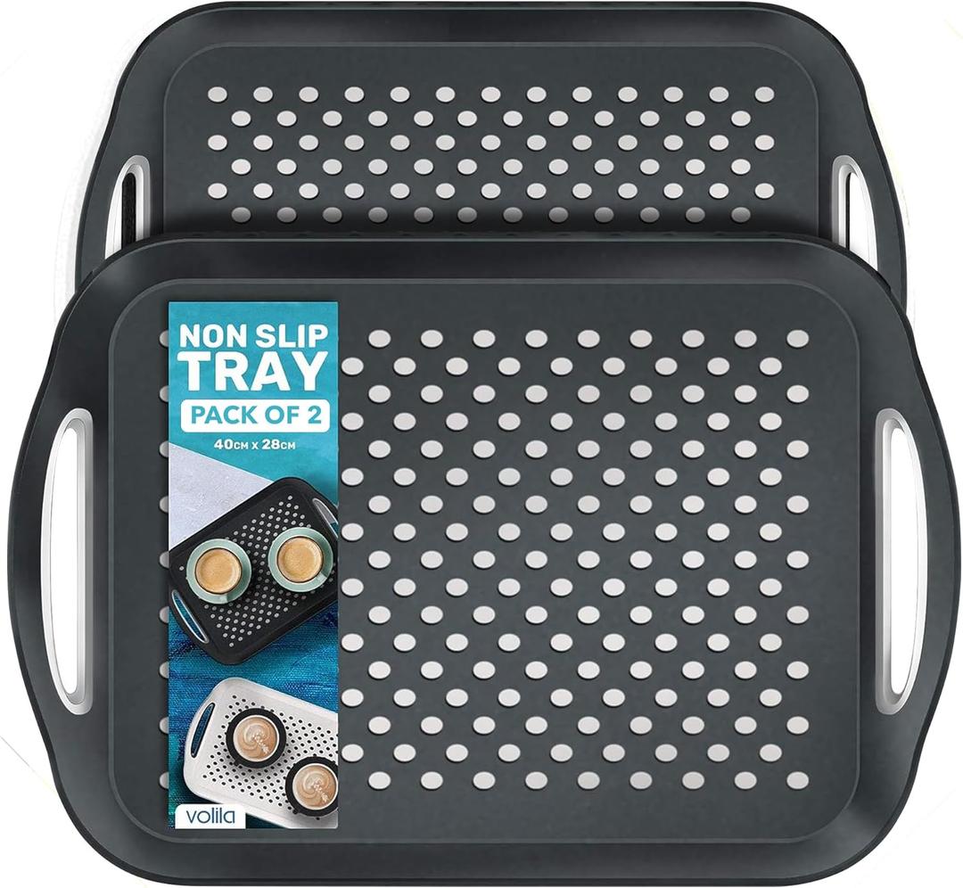 Food Trays for Eating on Couch - 2 Pack - Non Slip Dinner Trays for Eating Set of 2 Non Slip Serving Tray and Food Tray with Handles (Black)