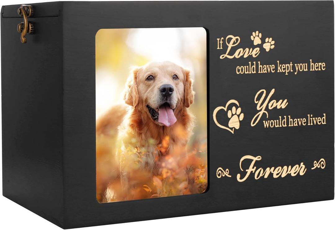 Pet Memorial Urns for Dog or Cat Ashes, Large Wooden Funeral Cremation Urns with Photo Frame, Memorial Keepsake Memory Box with Black Flannel as Lining, Loss Pet Memorial Remembrance Gift (Large - Capacity 90 Cubic Inches)