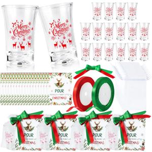 R HORSE Christmas Party Favors Bulk  18 Set 1.2 Oz Acrylic Merry Christmas Shot Glasses Set with Cards, Festive Ribbons and Gift Bags for Xmas Holiday Party Gifts for Friends Family Stocking Stuffers