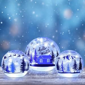 YEAHOME Winter Decorations Indoor, Set of 3 Crackle Glass Ball with LED Lights Christmas Tree House, Christmas Table Decorations Hello Winter Globes with Timer for Home Mantel Fireplace Decor (Blue)