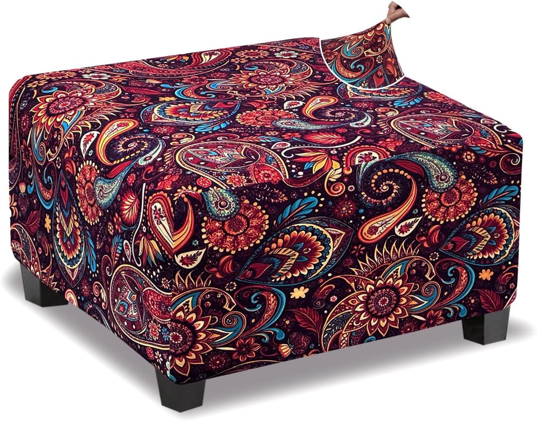 Ottoman Cover Square Slipcovers Printed,Stretch Footrest Stool Cover for Ottoman Square,Soft Foot Stool Cover Protector with Nonslip Elastic Bottom (Large,Flower E) 