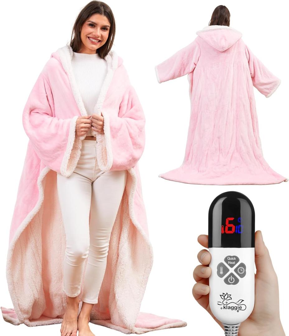Wearable Heated Blanket with Foot Pocket Sleeves, Heated Robe Heated Snuggie, 6 Heating Levels 4 Hours Auto-Off, Overheat Protection Machine Washable, 50x70, Pink